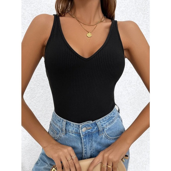 Tops - Solid Ribbed Knit Tank Top double v neck minimalist black